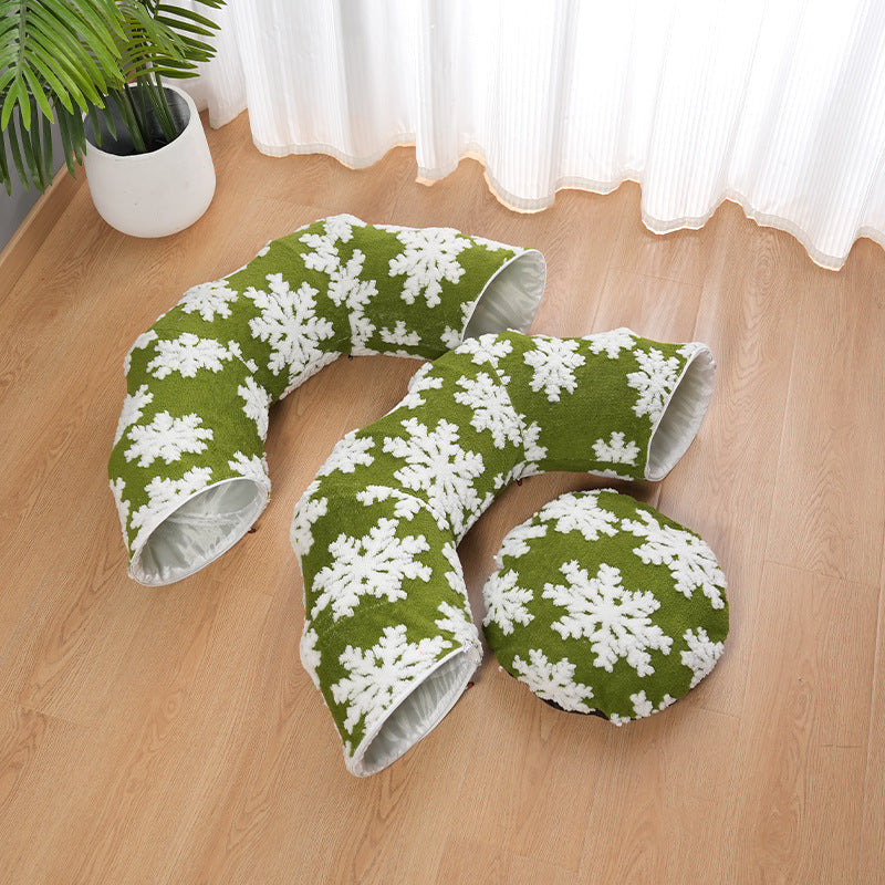 HKM-5373245 Cozy Green Snowflakes Pet Tunnel Bed for Cats