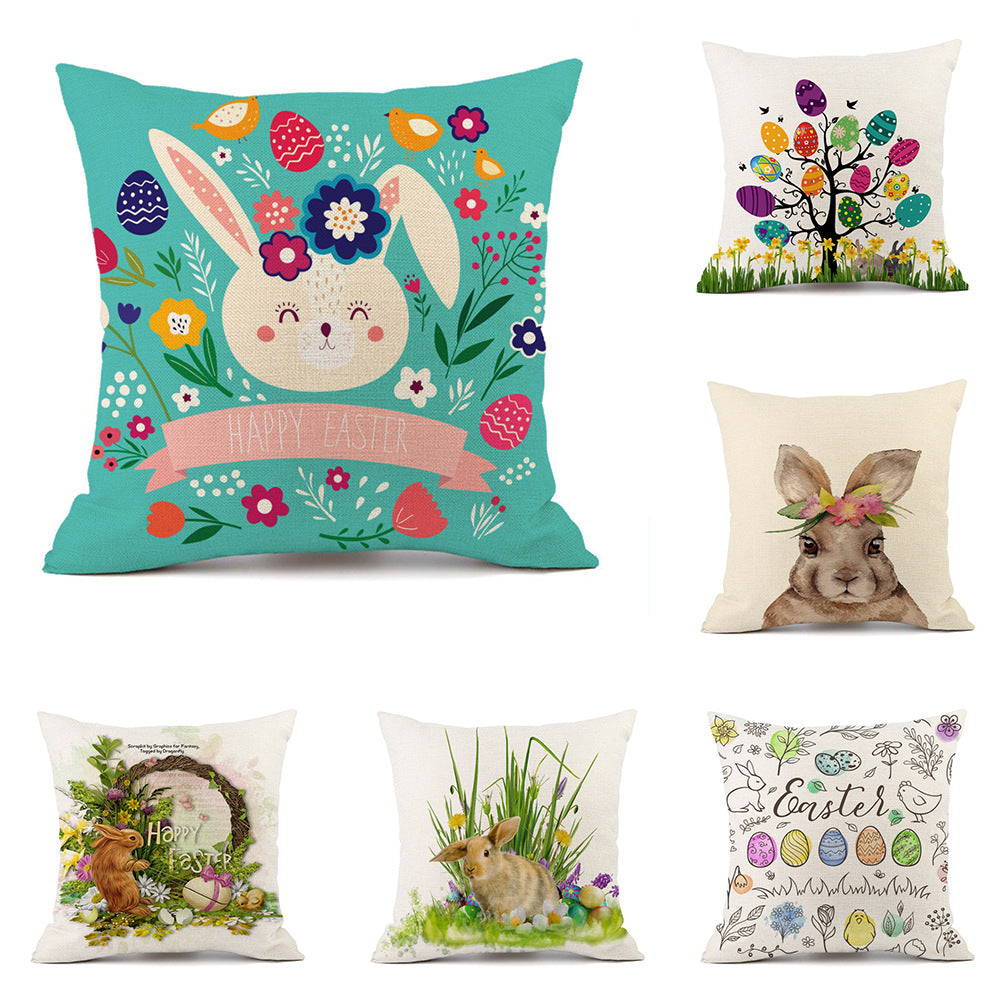 HKM-537427 Easter Bunny Rabbit Cotton and Linen Decorative Cushion Cover – 45x45cm