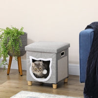 HKM-537555 Cozy Cat House Cave with Removable Cushion, Scratching Pad & Toy Ball for Indoor Kittens - Grey