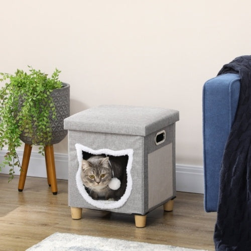 HKM-537555 Cozy Cat House Cave with Removable Cushion, Scratching Pad & Toy Ball for Indoor Kittens - Grey