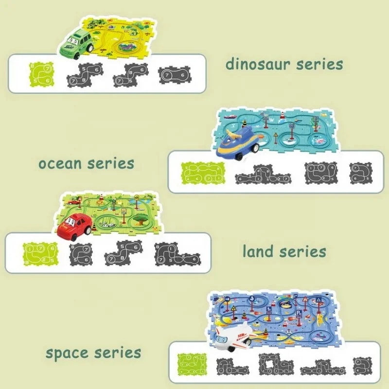 HKM-537875 DIY Electric Rail Car Puzzle Track Building Set for Kids - STEM Activity with 4 Themed Maze Plates