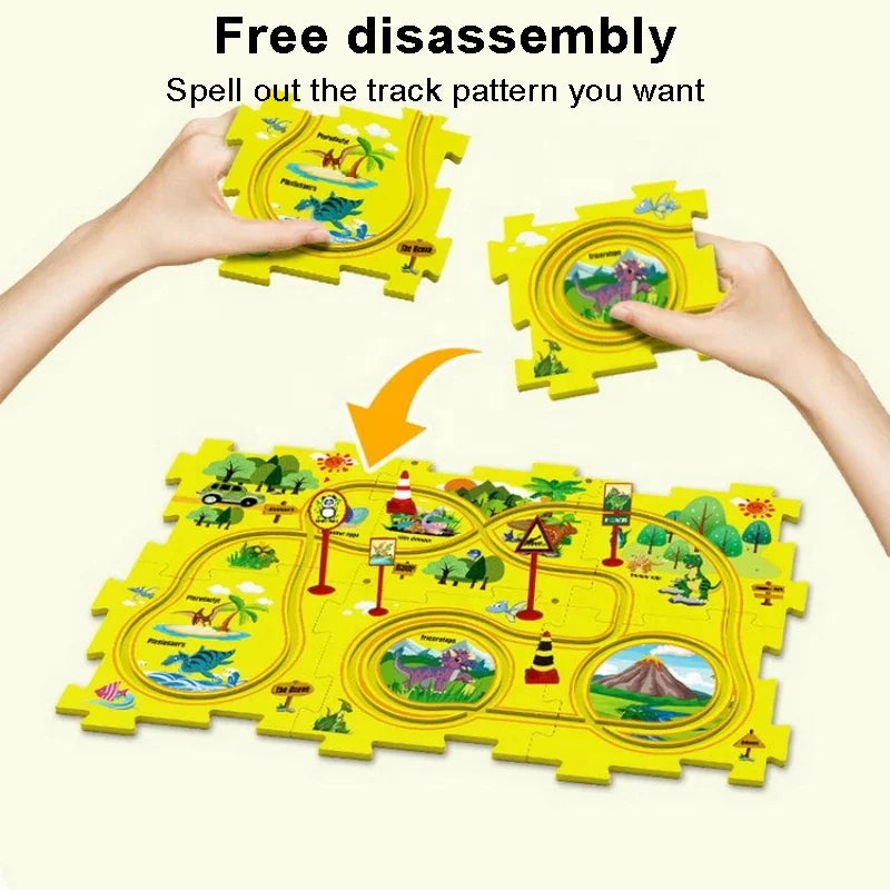 HKM-537875 DIY Electric Rail Car Puzzle Track Building Set for Kids - STEM Activity with 4 Themed Maze Plates