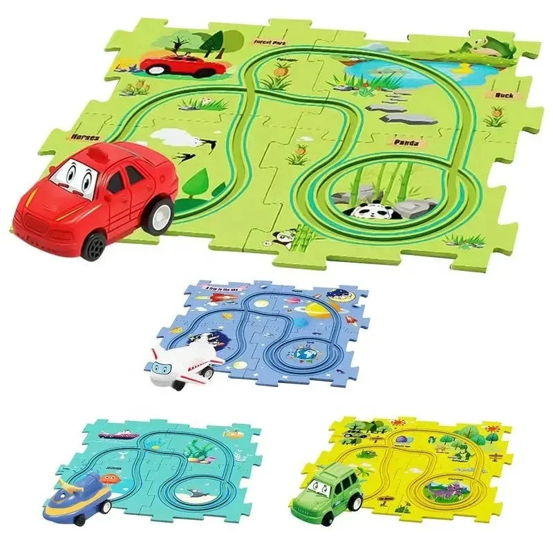 HKM-537875 DIY Electric Rail Car Puzzle Track Building Set for Kids - STEM Activity with 4 Themed Maze Plates