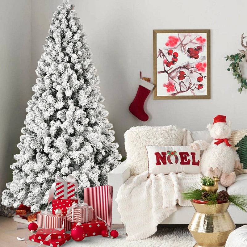 HKM-537875 Pre-Lit Flocked Artificial Christmas Tree in 5ft, 6ft, 8ft, and 9ft Sizes with Premium PVC Branches and Built-in Lights