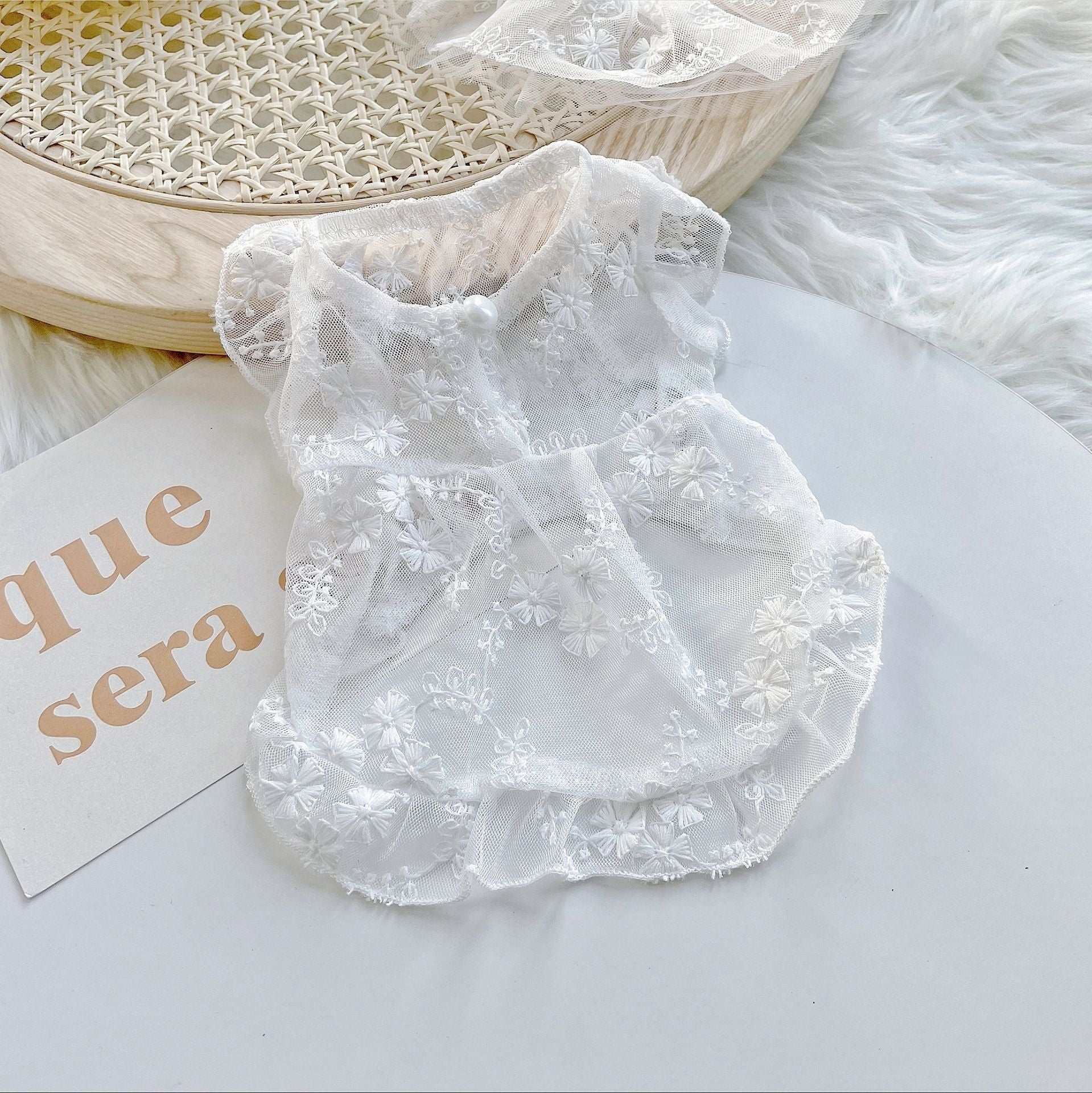 HKM-5379517 Cute White Lace Tulle Dog Skirt with Embroidery for Summer Wear