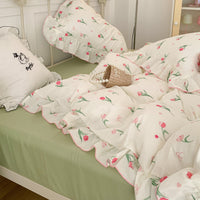 HKM-538067 Fresh Floral Pure Cotton Double-Layer Quilted Bedding Set - 4-Piece Collection