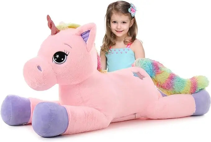HKM-538195 Giant 43-Inch Beige Plush Unicorn Toy for Girls' Birthdays and Gifts
