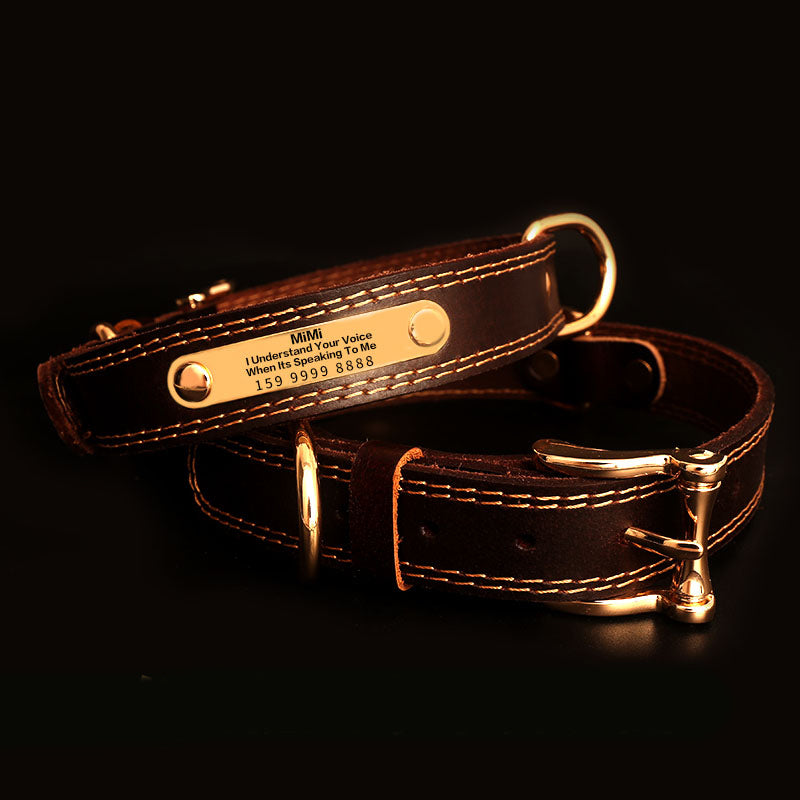 HKM-5384509 Genuine Leather Dog Collar with Adjustable Fit and Engraved Nameplate for All Dogs