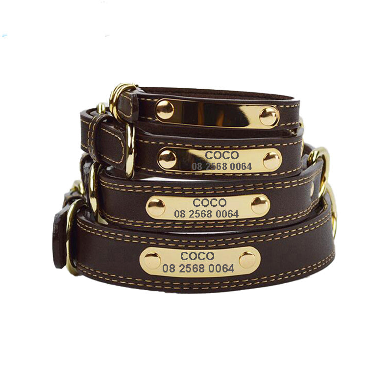 HKM-5384509 Genuine Leather Dog Collar with Adjustable Fit and Engraved Nameplate for All Dogs