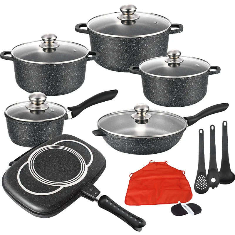 HKM-538451 18-Piece Aluminium Cookware Set with Marble Coating and Kitchen Accessories