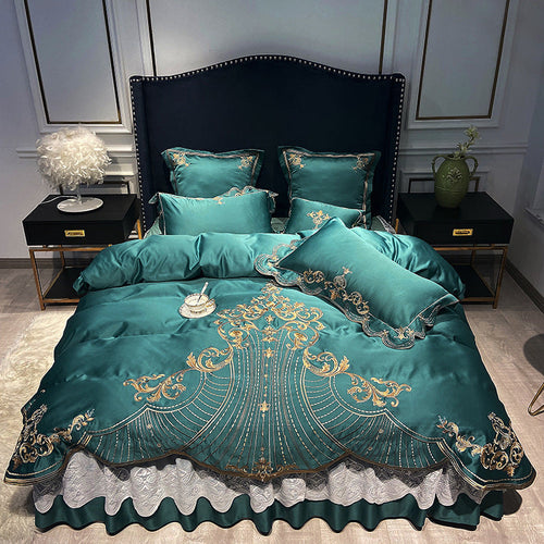 HKM-538515 European-Style Pure Cotton Bed Linen Set with Bed Skirt – Four-Piece Collection