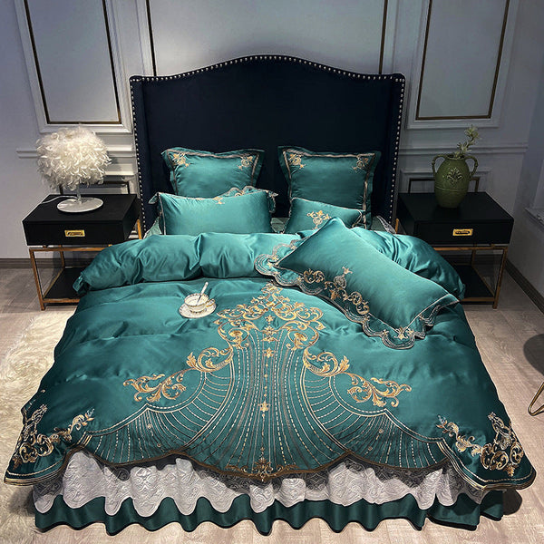 HKM-538515 European-Style Pure Cotton Bed Linen Set with Bed Skirt – Four-Piece Collection