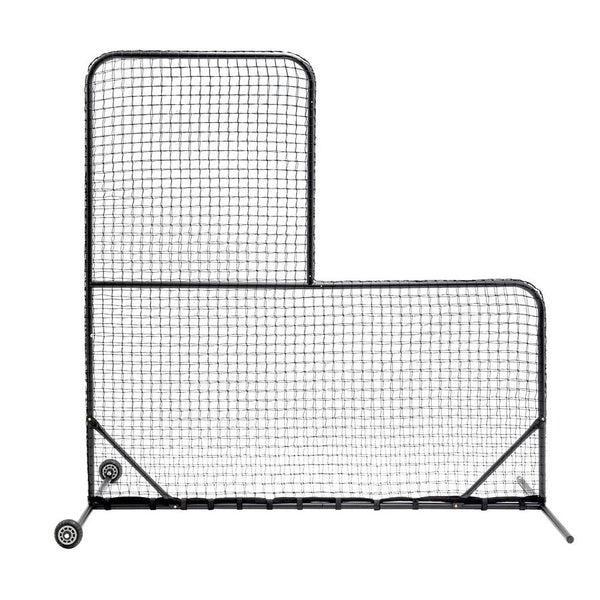 HKM-538771 L-Shaped Baseball Net for Batting Cages with Carry Bag and Wheels, 84’’H x 84’’W with 42’’ x 42’’ Cutouts