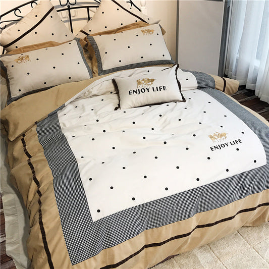 HKM-538899 Pure Cotton Velvet Embroidered Plaid Bedding Set - 4-Piece, Thick Warm Bedding for 1.5m to 2m Beds