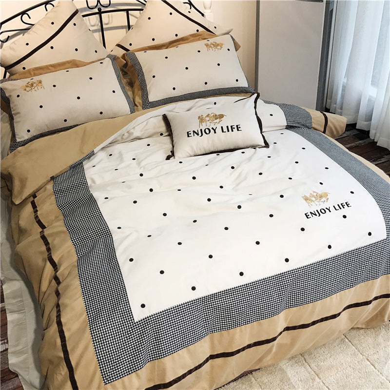 HKM-538899 Pure Cotton Velvet Embroidered Plaid Bedding Set - 4-Piece, Thick Warm Bedding for 1.5m to 2m Beds