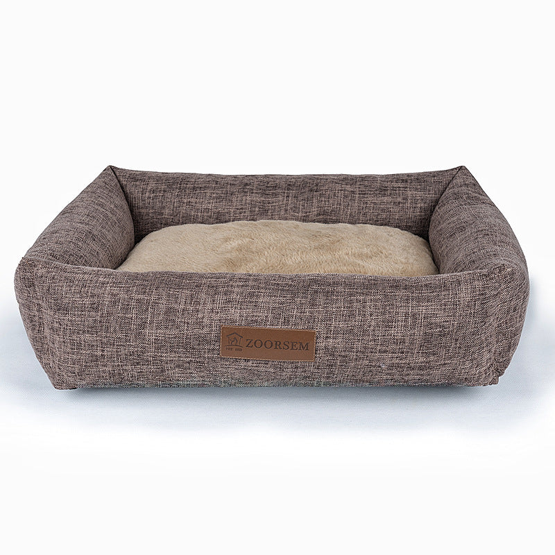 HKM-5390525 Warm Linen Square Pet Bed for Autumn and Winter - Gray, Brown, Plaid Designs in Various Sizes