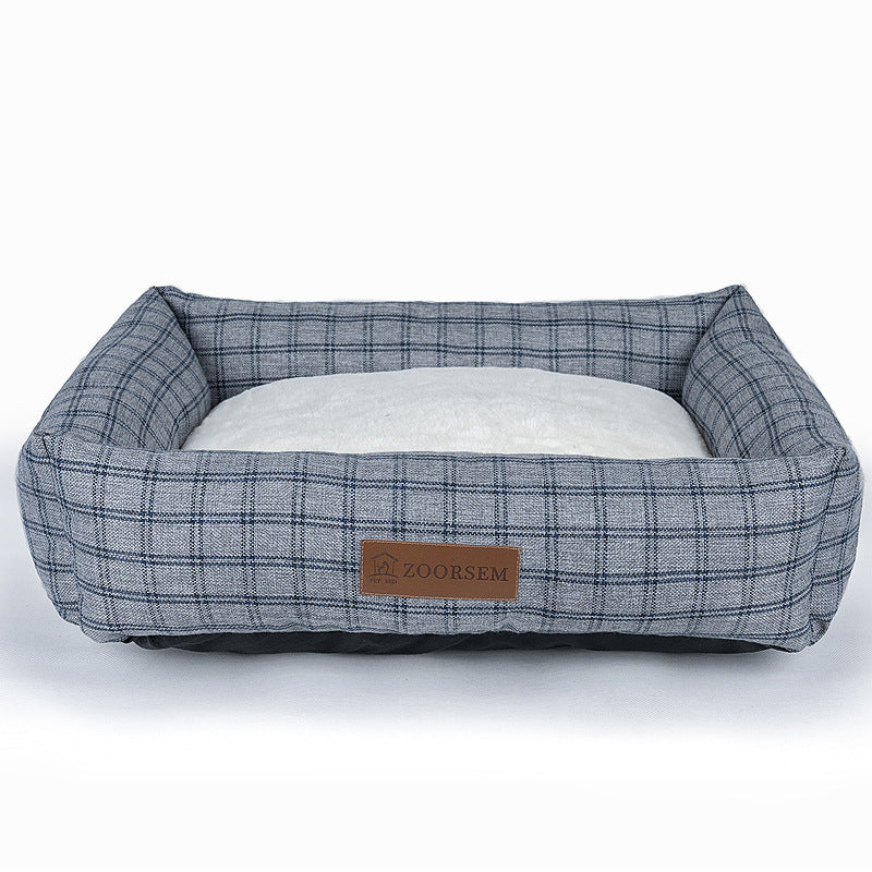 HKM-5390525 Warm Linen Square Pet Bed for Autumn and Winter - Gray, Brown, Plaid Designs in Various Sizes