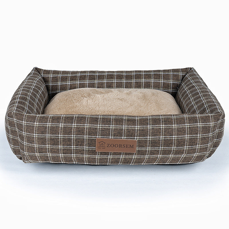 HKM-5390525 Warm Linen Square Pet Bed for Autumn and Winter - Gray, Brown, Plaid Designs in Various Sizes