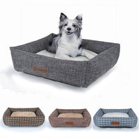 HKM-5390525 Warm Linen Square Pet Bed for Autumn and Winter - Gray, Brown, Plaid Designs in Various Sizes
