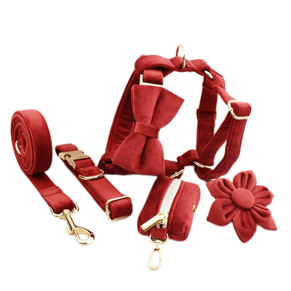 HKM-5391933 Five-Piece Dog Collar and Leash Set with Bow Tie and Poop Bag