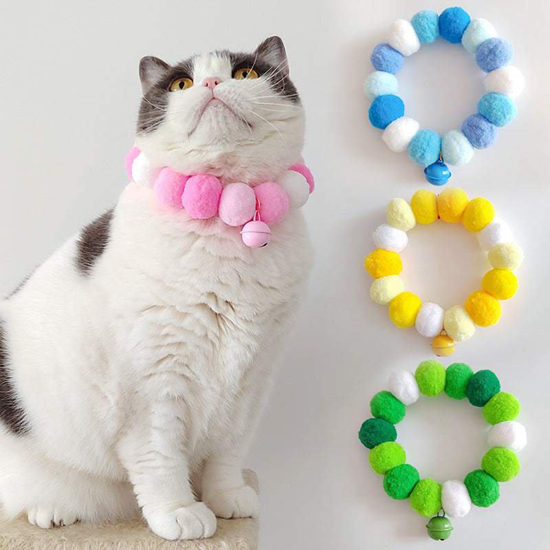 HKM-5392445 Gradient Color Pet Fur Ball Collar with Bell for Cats - Various Sizes Available