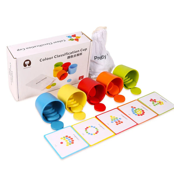 HKM-539475 Wooden Color Classification Learning Toys Set for Kids - 3 Color Recognition Sorting Cups and Discs