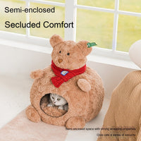 HKM-5400253 Cozy Brown Bear Cat Bed ¨C Fully Enclosed, Removable & Washable Pet Nest for All Seasons