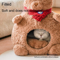 HKM-5400253 Cozy Brown Bear Cat Bed ¨C Fully Enclosed, Removable & Washable Pet Nest for All Seasons