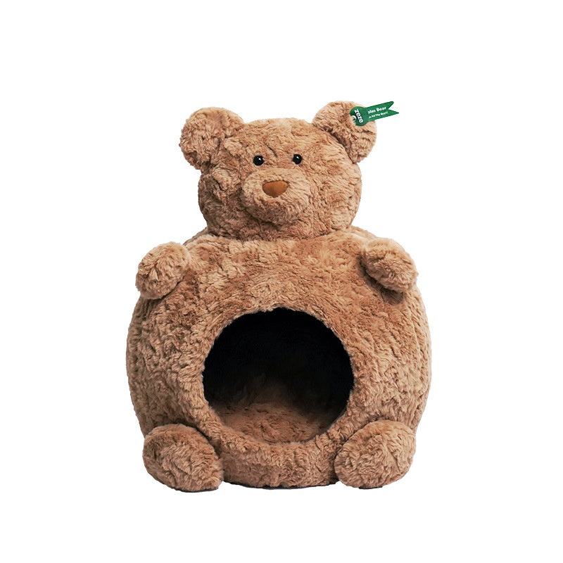 HKM-5400253 Cozy Brown Bear Cat Bed ¨C Fully Enclosed, Removable & Washable Pet Nest for All Seasons