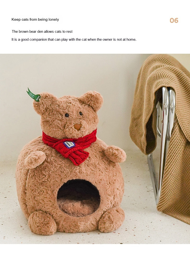 HKM-5400253 Cozy Brown Bear Cat Bed ¨C Fully Enclosed, Removable & Washable Pet Nest for All Seasons