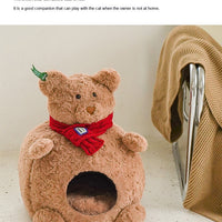 HKM-5400253 Cozy Brown Bear Cat Bed ¨C Fully Enclosed, Removable & Washable Pet Nest for All Seasons