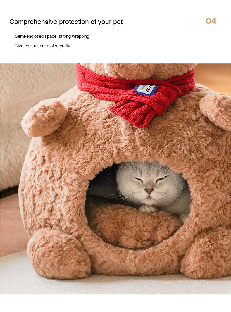 HKM-5400253 Cozy Brown Bear Cat Bed ¨C Fully Enclosed, Removable & Washable Pet Nest for All Seasons