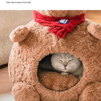 HKM-5400253 Cozy Brown Bear Cat Bed ¨C Fully Enclosed, Removable & Washable Pet Nest for All Seasons