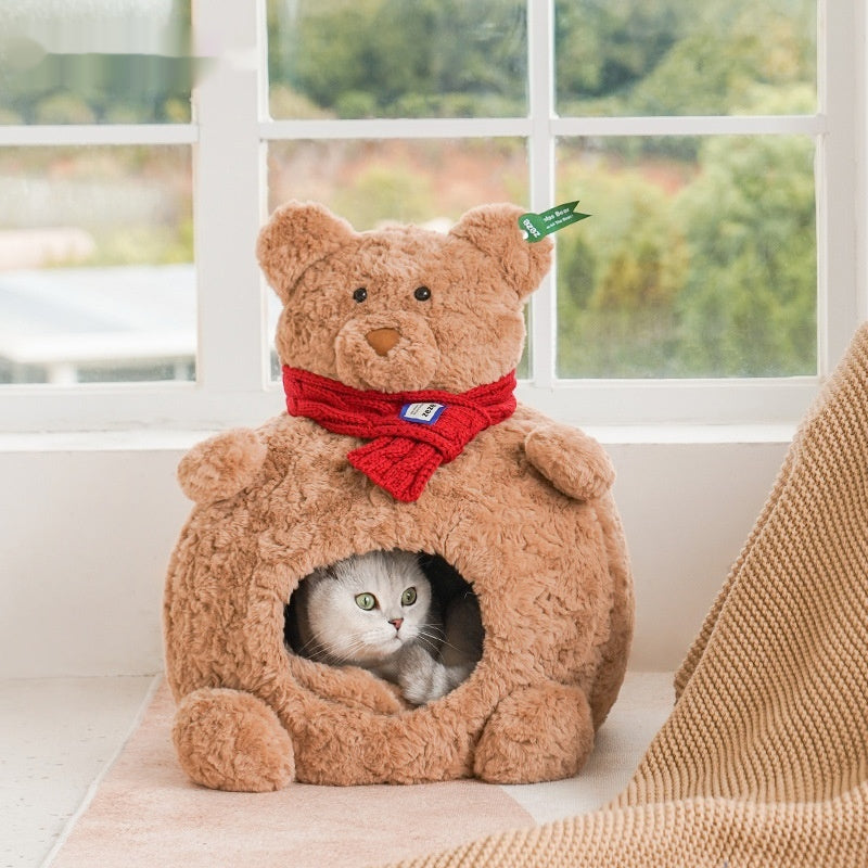 HKM-5400253 Cozy Brown Bear Cat Bed ¨C Fully Enclosed, Removable & Washable Pet Nest for All Seasons