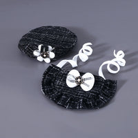HKM-5401021 Monochrome Flower Beret and Bow Bib Set - Hand-Painted Cotton Polyester for All Seasons