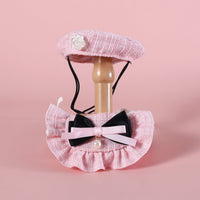HKM-5401021 Monochrome Flower Beret and Bow Bib Set - Hand-Painted Cotton Polyester for All Seasons