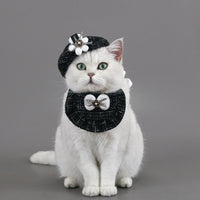 HKM-5401021 Monochrome Flower Beret and Bow Bib Set - Hand-Painted Cotton Polyester for All Seasons