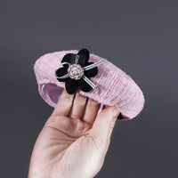 HKM-5401021 Monochrome Flower Beret and Bow Bib Set - Hand-Painted Cotton Polyester for All Seasons