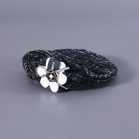 HKM-5401021 Monochrome Flower Beret and Bow Bib Set - Hand-Painted Cotton Polyester for All Seasons