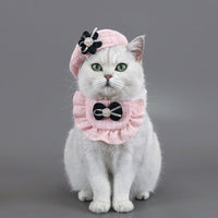 HKM-5401021 Monochrome Flower Beret and Bow Bib Set - Hand-Painted Cotton Polyester for All Seasons