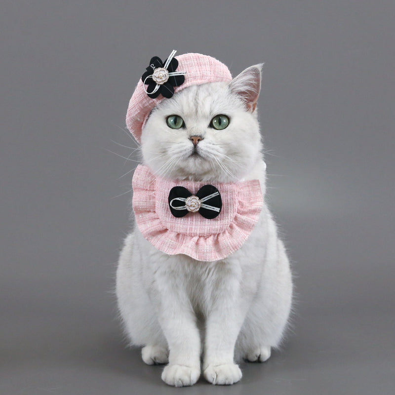HKM-5401021 Monochrome Flower Beret and Bow Bib Set - Hand-Painted Cotton Polyester for All Seasons