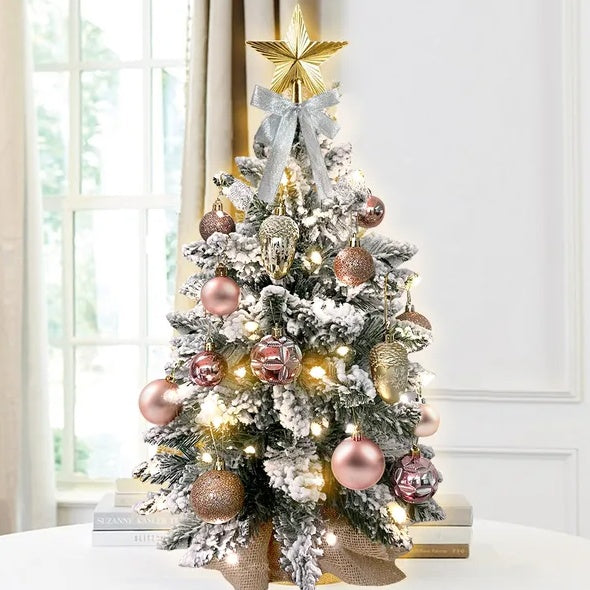HKM-540179 22in Flocked Snow Tabletop Christmas Tree with Lights - Mini Red Holiday Decoration for Home & Office