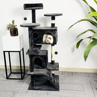 HKM-5403581 Stylish Cat Climbing Frame with Scratching Board and Plush Napping Area, Dark Grey and Beige