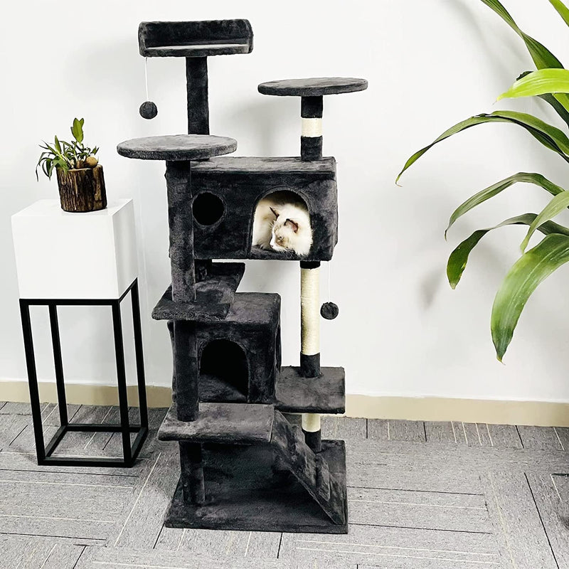 HKM-5403581 Stylish Cat Climbing Frame with Scratching Board and Plush Napping Area, Dark Grey and Beige
