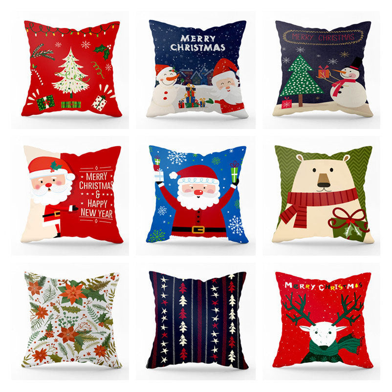HKM-540435 Modern Linen Santa Plaid Print Pillowcase - 45x45cm, Leaf Pattern, No Pillow Insert Included