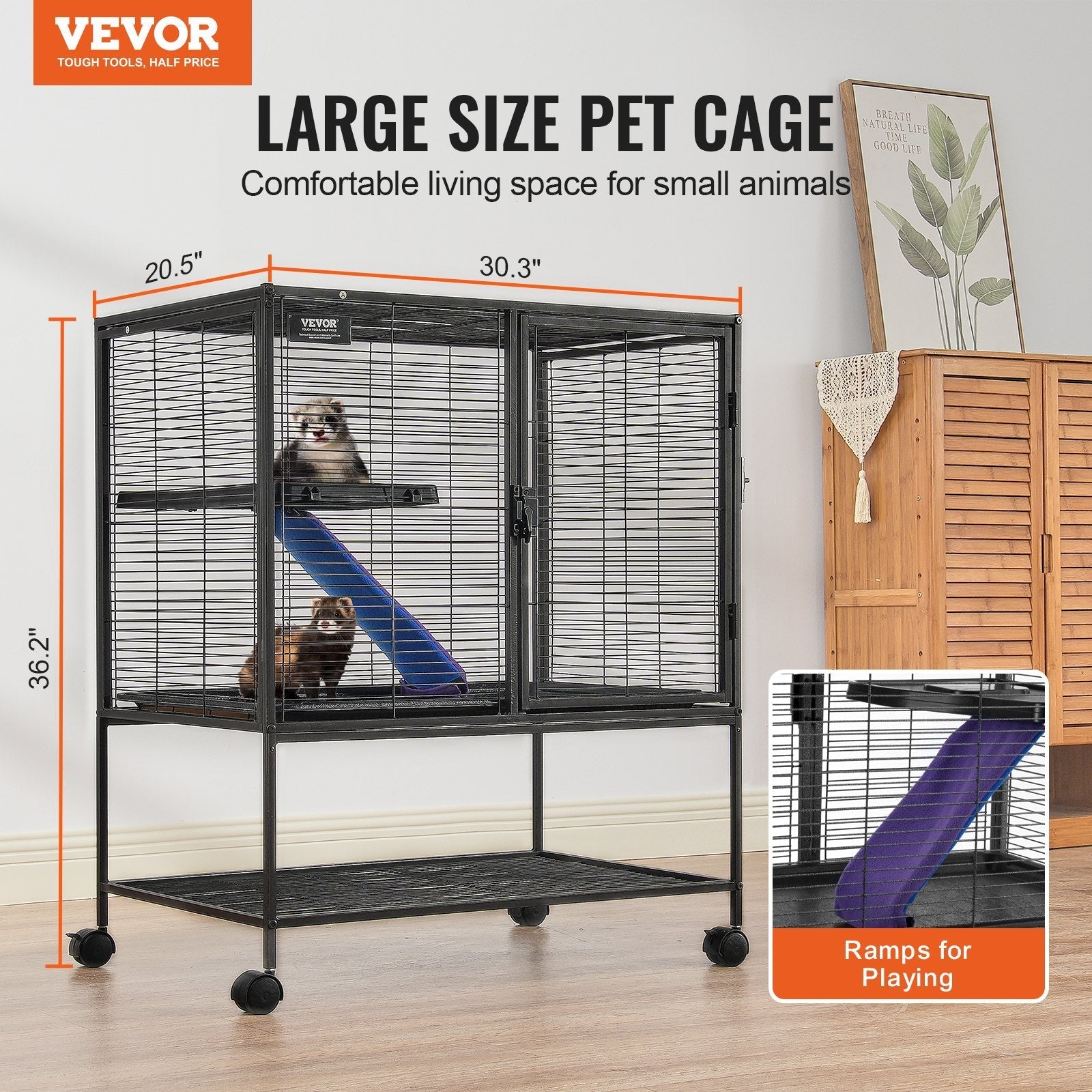 HKM-5405629 2-Tier Rolling Metal Ferret Cage with Spacious Living Area and Easy-Clean Tray
