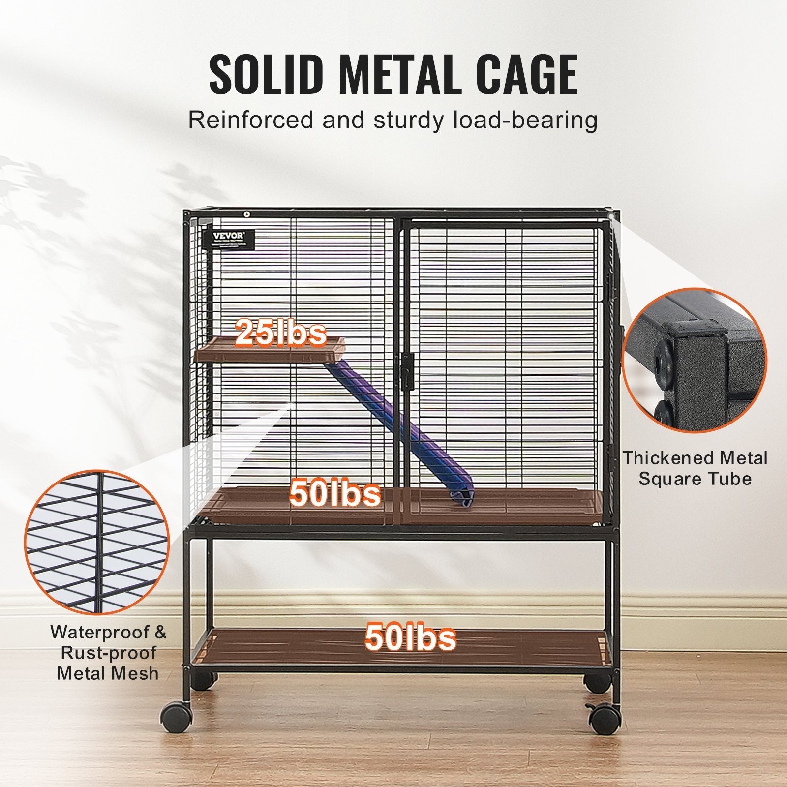 HKM-5405629 2-Tier Rolling Metal Ferret Cage with Spacious Living Area and Easy-Clean Tray