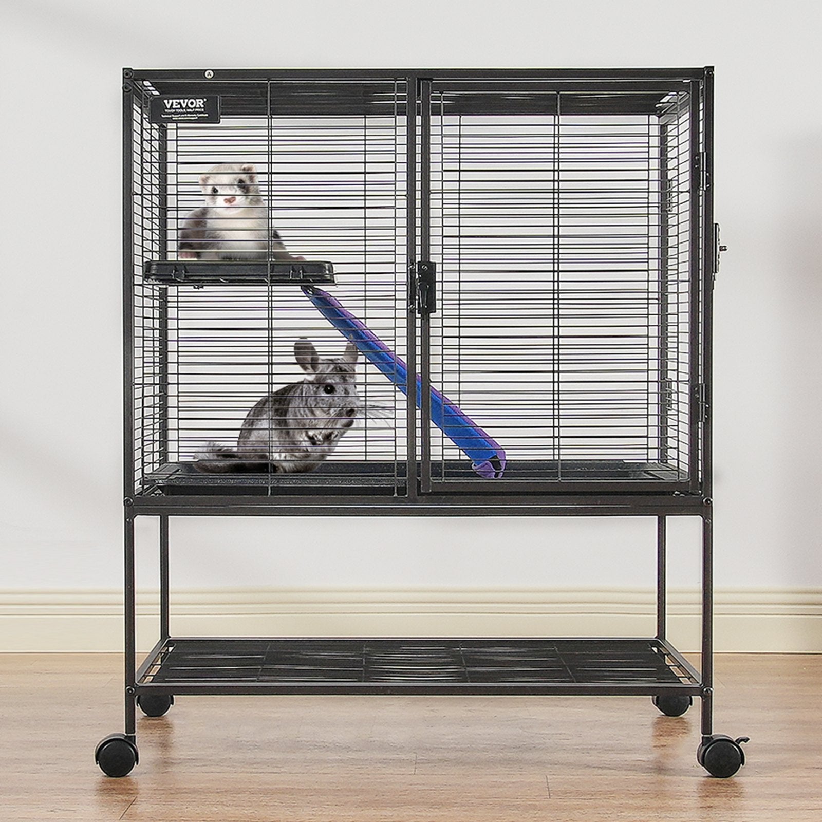 HKM-5405629 2-Tier Rolling Metal Ferret Cage with Spacious Living Area and Easy-Clean Tray