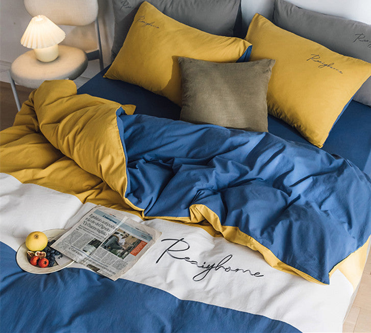 HKM-540883 Cotton Washed Four-Piece Double Bed Quilt Cover Set in Various Colors