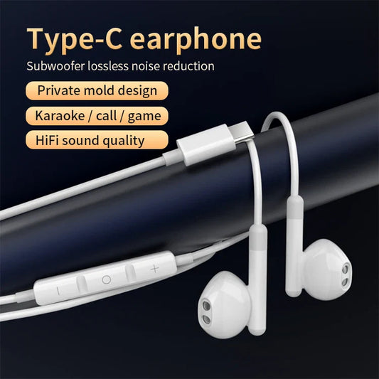 HKM-540947 Wired Bass Boosted Type-C Earphones with Microphone for iPhone 15, Samsung, and Google Devices
